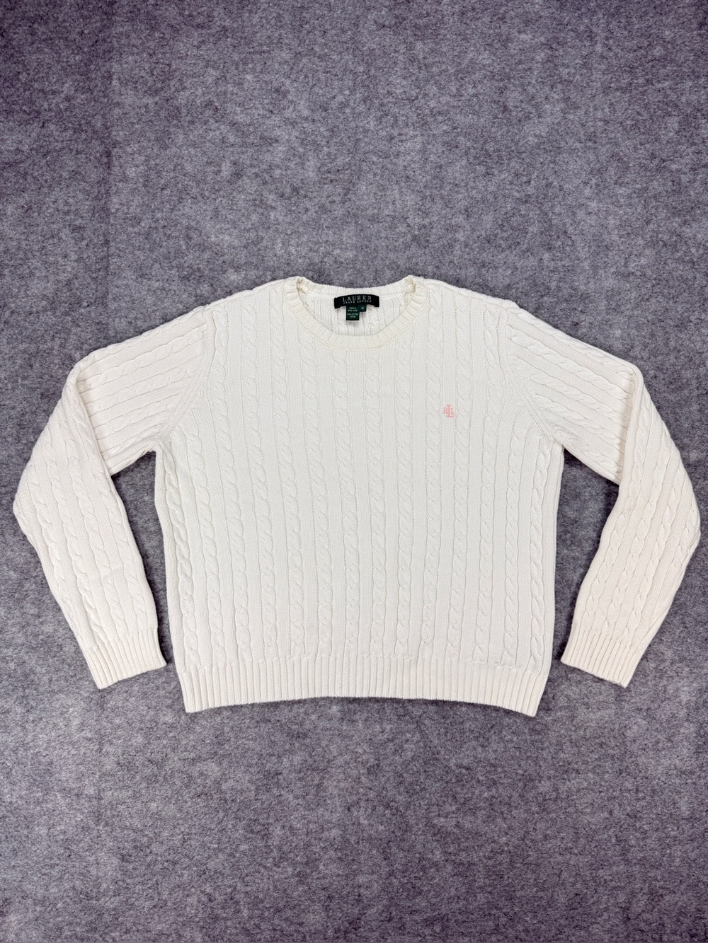 Lauren Ralph Lauren White Cable Knit Crewneck Cotton Sweater M Preppy Capsule